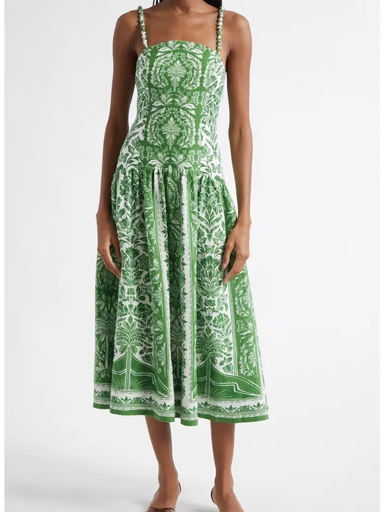 FARM Rio Dresses & Skirts - FARM Rio Green and White Printed Midi Dress with Braided Straps